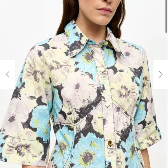 Ganni Floral Long Sleeve Dress in Blue and Cream - Picture 3 of 5